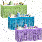 3 Pack Blue Green Purple Table Skirts, 29x108" Metallic Foil Tinsel Fringe Table Skirt for Rectangle Tables Streamer Curtains Backdrop, Party Decorations for Birthdays, Weddings, Holidays