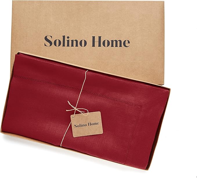 Solino Home Red Linen Tablecloth 60 x 144 Inch - 100% Pure Linen Hemstitch Table Cloth for Rectangle Tables - Classic Hemstitch, Machine Washable Tablecloth for Christmas