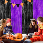 2 Pack Halloween Decor, 3.28 FT x 7.05 FT Purple and Black Foil Streamer, Metallic Fringe Curtains Tinsel Backdrop Party Streamer, Indoor Halloween Decorations Party Supplies Photo Booth Props