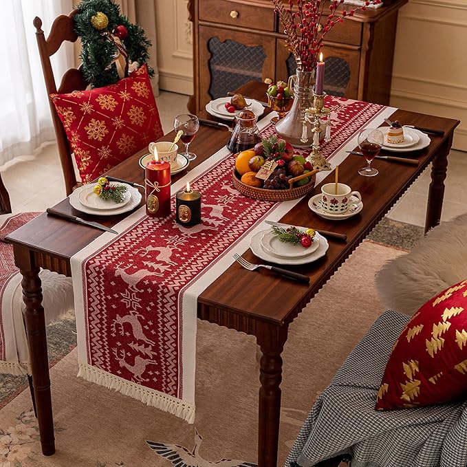 Table Runners 83 Inches,Elk Table Runner with Tassel Fringe,Christmas Table Runner for Party，Coffee Table, Festival