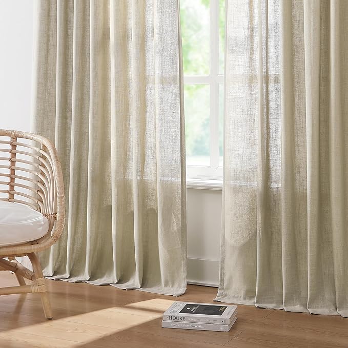 Vision Home Sand Pinch Pleated Semi Sheer Curtains Textured Linen Blended Light Filtering Window Curtains 108 inch for Living Room Bedroom Pinch Pleat Drapes with Hooks 2 Panels 9ft 40" Wx108 L