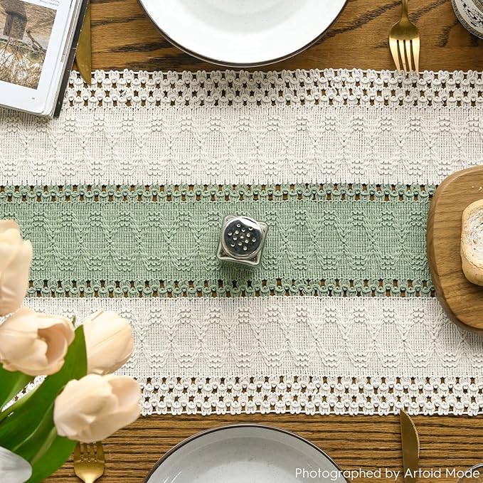 Artoid Mode Light Green Farmhouse Rustic Table Runner, Seasonal Holiday Hollow Kitchen Dining Table Decoration for Home Party Decor 12x48 Inch