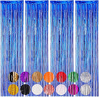 4 Pack Blue Foil Fringe Backdrop Curtains, Tinsel Streamers Birthday Party Decorations, Fringe Backdrop for Graduation, Baby Shower, Gender Reveal, Disco Party