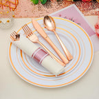 100 Pack Pre Rolled Rose Gold Plastic Silverware Set with Napkins,Disposable Wrapped Heavy Duty Cutlery Set for Wedding Birthday Party-100 Forks,Knives,Spoons,Utensils Set,Plasticware Bulk