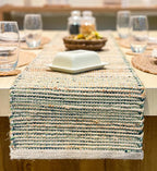 Chardin home Natural Jute Table Runner 13x90 Inch – Vintage Boho Rustic Table Decor – Handwoven Table Runner in Natural Jute and Green – Farmhouse Dining or Console Table Accent
