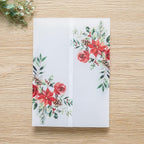 PONATIA 50 PCS 135gsm Vellum Jackets for 5x7 Wedding Invitation Cards- Christmas Red Floral Printed Vellum Sleeves, Invitation Cards Wraps, Christmas Cards Jackets