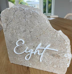 Cursive Wedding Table Number SET, DIY thin modern Black or White acrylic cutouts with silicone glue included. Words only, no backing (One - Ten, Gloss White)