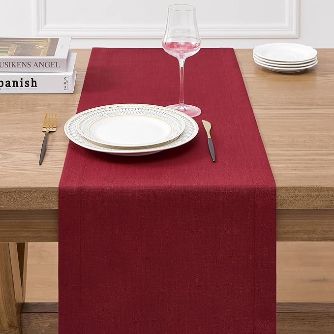 ZeeMart Linen Textured Border Table Runner, 14 x 60 Inch Red, Farmhouse Style Red Table Runners 60 Inches Long, Easy Care Everyday Polyester Table Runner