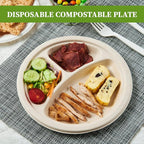 ECOLipak 125 Pack Compostable 3 Compartment Plates, 8.85 inch Heavy-Duty Disposable Paper Plates, Eco-Friendly Biodegradable Sugarcane Bagasse Divided Plate for Dinner