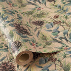 RUSPEPA 30" X 100' Kraft Christmas Wrapping Large Paper Roll, Jumbo Roll, Watercolor Pinecone and Eucalyptus Leaf Design, Kraft Gift Wrap for Christmas, Winter Holiday Party, Rustic Natural Theme