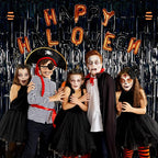 Foil Fringe Curtains Halloween Decor Indoor Party Decorations - Melsan 3 Pack 3.2 x 8.2 ft Black Tinsel Curtain Photo Backdrop for Birthday Decorations Retirement Party Decorations Black