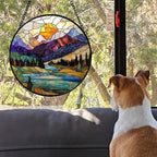 Stained Glass Window Hanging, Blue Lake Golden Sun Abstract Mountains Landscape Suncatcher for Doors Window Home Sun Catchers Decor Mother's Day Birthday Gifts for Women Men Mom 7.8 in