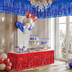 2 Pack Red Dark Blue Table Skirts, 29x108" Metallic Foil Tinsel Fringe Table Skirt for Rectangle Tables Streamer Curtains Backdrop, Party Decorations for Birthdays, Weddings, Holidays
