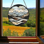 Stained Glass Window Hanging - Grey Mountains Landscape Suncatcher for Doors Garden Patio Retro Sun Catchers Decor Christmas Mother's Day Birthday Gifts for Women Men Mom Nana Friend 11.8 in