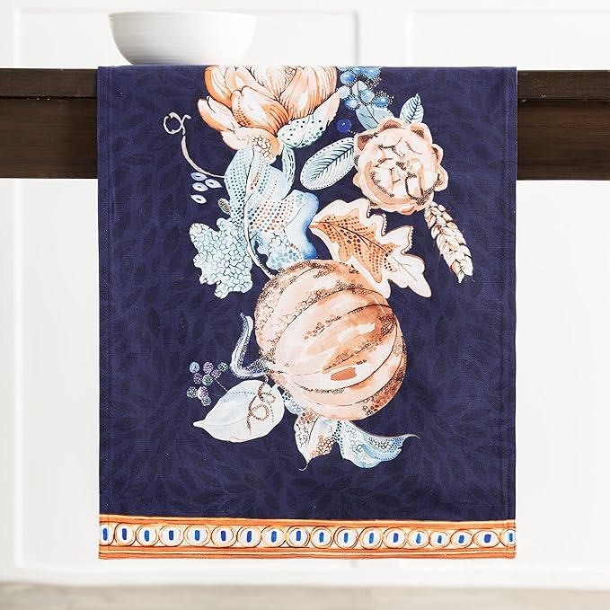Maison d' Hermine Table Runner 100% Cotton Double Layer Table Runners 72 inches Long for Thanksgiving Christmas Decorations Home Kitchen Dining Party Wedding (Pumpkin Blues, 14.5" x 72")