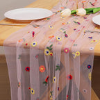 BINBE 1pcs Pink Daisy Fall Table Runner Embroidery Gauze 10FT Florals Seasonal Tulle Holiday Birthday Kitchen Dining Table Decor for Home Party