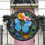 Stained Glass Window Hanging, Blue Butterfly Flower Suncatcher for Doors Home Sun Catchers Decoration and Christmas, Mother's Day Birthday Gifts for Women, Men, and Mom 9.8 in