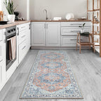 Bloom Rugs Washable Non-Slip 7 ft Runner - Coral/Blue Traditional Medallion Runner for Entryway, Hallway, Bathroom, and Kitchen - Exact Size: 2.5' x 7'
