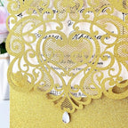 Hosmsua 50PCS Blank Wedding Invitation Cards 5 x 7.3 Inch Gold Laser Cut Hollow Heart Floral Invitation with Rhinestone pockets invitations for Engagement Quinceanera Invite (Gold Glitter)