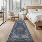 Bloom Rugs Washable Non-Slip 12 ft Runner - Dark Teal Traditional Medallion Runner for Entryway, Hallway, Bathroom, and Kitchen - Exact Size: 2.5' x 12'