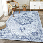 Bloom Rugs Washable Non-Slip 4' x 6' Rug - Gray/Blue Traditional Medallion Area Rug for Living Room, Bedroom, Dining Room, and Kitchen - Exact Size: 4' x 6'