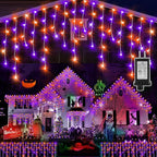 KNONEW Orange Purple Halloween Lights 33FT 400 LED String Lights Outdoor with 75 Drops, 8 Lighting Modes, Timer Memory Function Connectable Hanging Curtain Lights for Halloween Party Decor