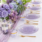 Rubtlamp 175 Pcs Purple Plastic Dinnerware Set (25 Guests), Clear Purple Plates With Gold Rim, Hammered Party Platos, Plates And Cups And Napkins Sets for Wedding, Party