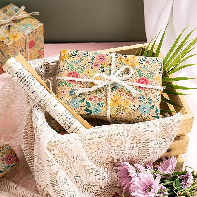 WRAPAHOLIC Kraft Floral Wrapping Paper Roll - Mini Roll - 17 Inch x 33 Feet - Spring Summer Garden Flower Design Perfect for Wedding, Bridal Shower, Birthday