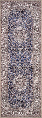 Bloom Rugs Washable Non-Slip 12 ft Runner - Dark Blue/Beige Traditional Medallion Runner for Entryway, Hallway, Bathroom, and Kitchen - Exact Size: 2.5' x 12'