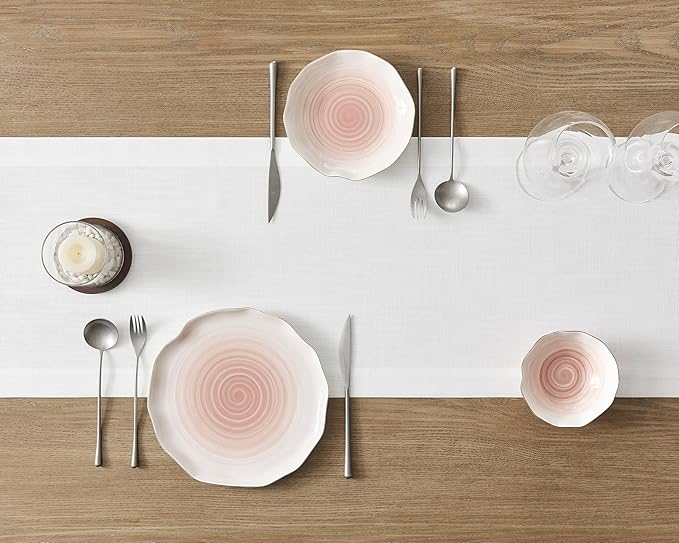 ZeeMart Linen Textured Border Table Runner, 14 x 108 Inch White, Farmhouse Style White Table Runners 108 Inches Long, Easy Care Everyday Polyester Table Runner