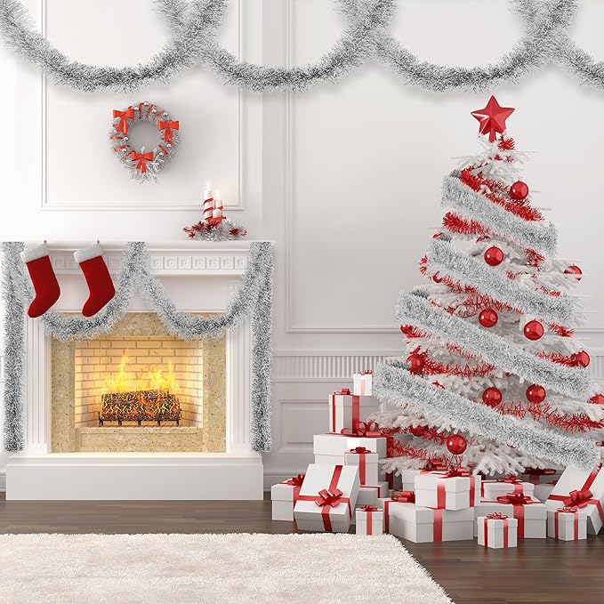 32.8 Ft Silver Christmas Tinsel Garland Metallic Shiny Tassle Banner Wall Hanging Tinsel Streamers Backdrop for Christmas Holiday Birthday Supplies Indoor Outdoor Ornaments Home Decor