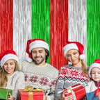 4 Pack Christmas Curtains, 3.28 FT x 7.05 FT Red Silver Green Foil Backdrop, Metallic Foil Fringe Curtains Party Streamer Picture Backdrop, Christmas Door Decorations Photo Props Party Supplies