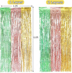 3 Pack Gold Green and Rose Gold Foil Curtain Party Decorations - 3.3x6.6fr Tinsel Streamers for Hawaiian Summer Tropical Beach Luau Themed Party Photo Booth Props Backdrop