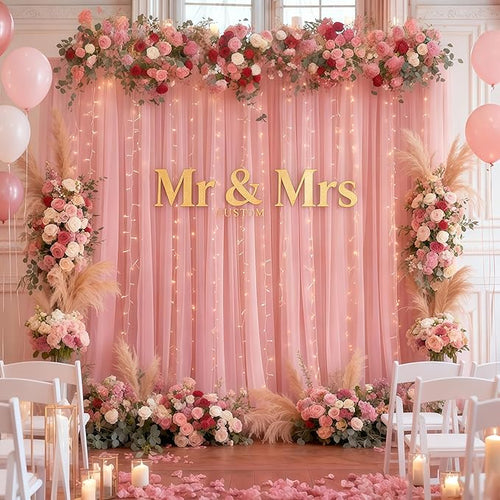 10×10ft Dusty Rose Tulle Backdrop Curtain with Lights String for Parties, Sheer Photo Curtain Backdrop Drapes for Wedding Party Photography Backgrounds