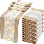 Xinnun 6 Pack Burlap Table Runner with LED String Lights, Modern Rustic Lace Natural Vintage Boho Jute Wedding Table Decor for Farmhouse Thanksgiving Christmas(Christmas Trim,12x70 Inches)