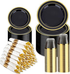 BESTVIP 350PCS Black Gold Dinnerware Set for 50 Guests, Plastic Plates for Halloween Party and Christmas, 50 Disposable Plates, 50 Dessert Plates, 50 Cups, 50 Spoons, 50 Forks and 100 Knives