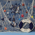 Marsui 11 Pcs Wooden Nautical Wall Decor Fishing Net Decoration, Include Decorative Fishing Net, Ship wheel, Fish Skeleton, Life Ring, Anchor, Starfish Beach Decor for Mediterranean Party (Khaki)