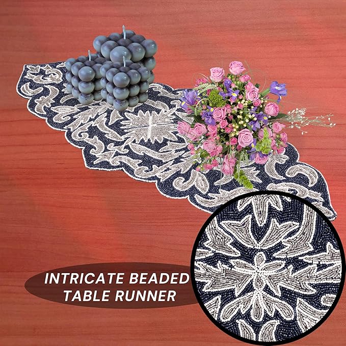 Decorative Beaded Table Runner - 36" Glass Beads & Polyester Table Runner Ideal for Dining, Décor, Luxury Table Centerpiece for Weddings, Holidays & Modern Home Accents (Blue Silver) - CLEENTABLE