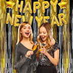 Black and Gold Party Streamers Decoration - GREATRIL Foil Fringe Backdrop for 2026 NYE/Anniversary/Farewell/Cocktail/Prom/EID/Birthdays - 3.2ft X 8.2ft - 2 Packs