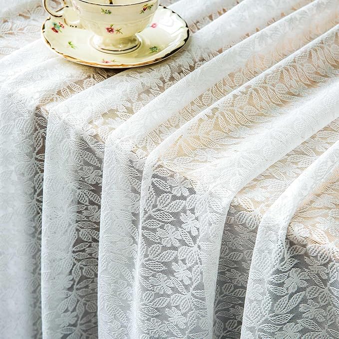 Lace Tablecloth Leaf Pattern Warp Knitting Fabric Solid White Rectangle/Oblong Table Cover for Kitchen Dining Farmhouse Wedding Party Decor Ivory, 55x120 Inch
