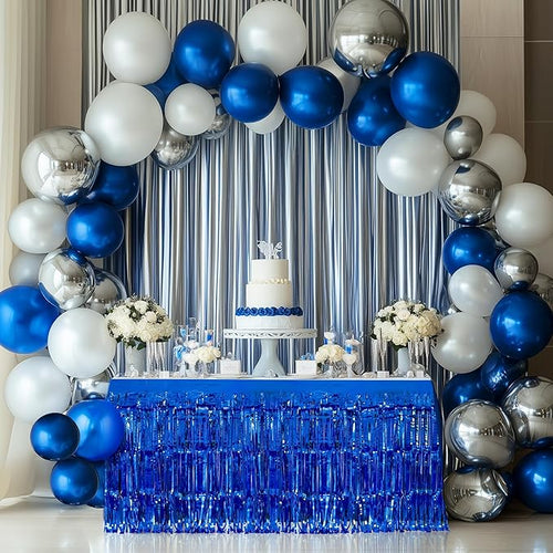 2 Pack Dark Blue Table Skirts, 29x108" Metallic Foil Tinsel Fringe Table Skirts for Rectangle Tables Streamer Curtains Backdrop, Party Decorations for Birthdays Weddings Holidays