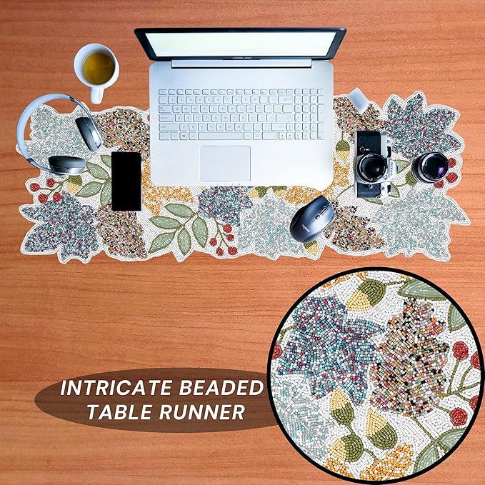 Boho Beaded Table Runner - 36" Handcrafted Glass Beads Floral Design with Durable Non-Slip Polyester Backing for Dining, Coffee Table & Special Occasions (Multi) - CLEENTABLE