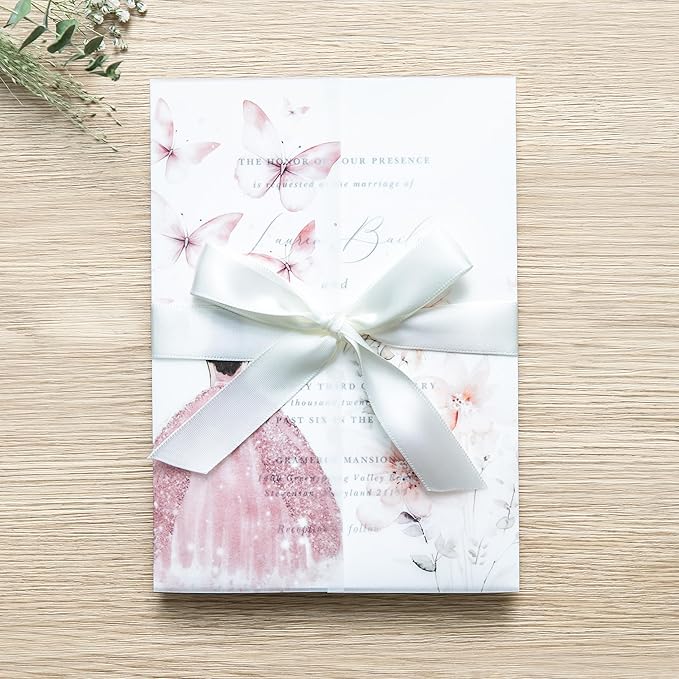PONATIA 50 PCS Vellum Jackets for 5x7 Invitations - 135GSM Pink Girl Vellum Jacket Sleeves - Butterfly Quinceanera Invitations Wraps for XV Anos