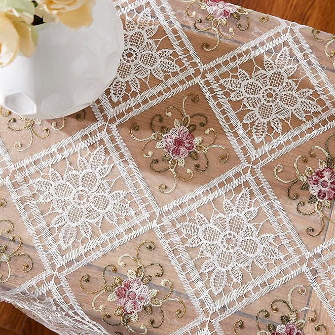 Warm Home Designs White Lace Table Runner. 72 Inch Long, Embroidered with Intricate Flower Design. Can Be Used As Dresser Scarf or Dining Table Runner. VTR White 72