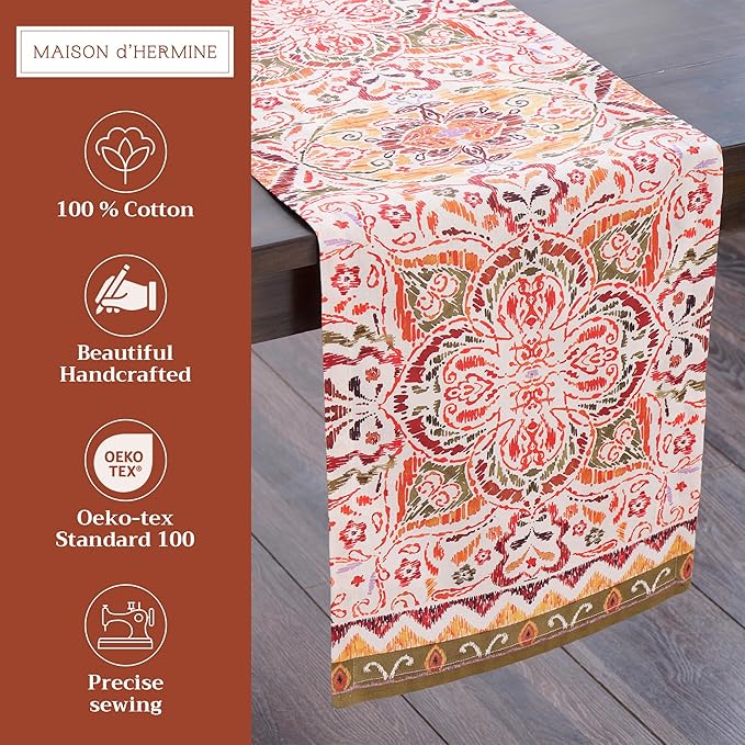 Maison d' Hermine Table Runner 100% Cotton Single Layer Table Runners 72 inches Long for Thanksgiving Christmas Decorations Home Kitchen Dining Party Wedding (Damask, 14.5" x 72")