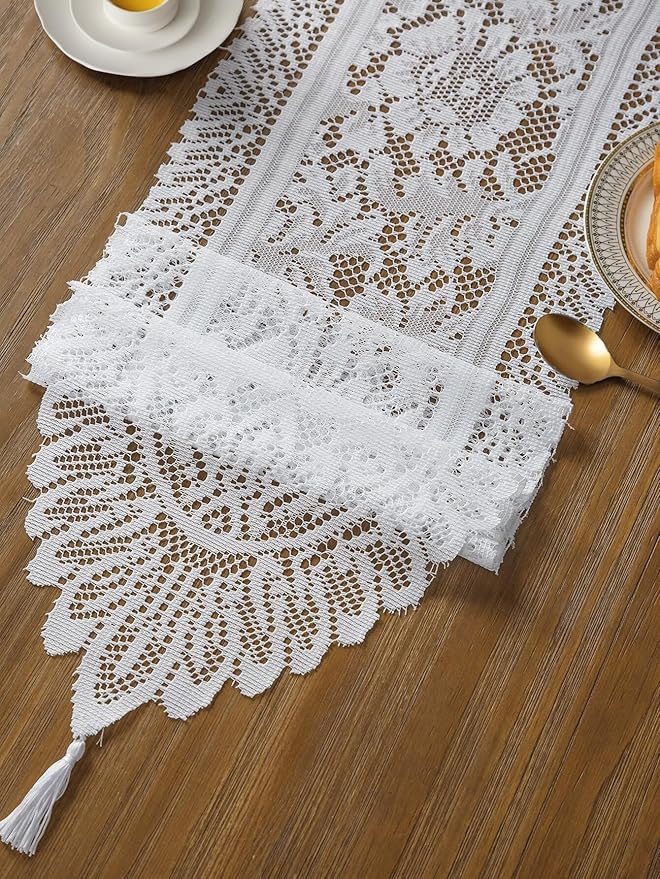 Jayla White Lace Table Runners, Elegant Vintage Lace Table Runner, Wedding Lace Decor with Floral Embroidery,Tea Party Decor, 13x72 Inch