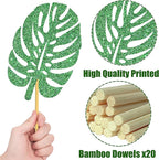 20pcs Glitter Tropical Leaves Centerpiece Decorations for Table Green Palm Leaf Theme Centerpiece Sticks Hawaiian Luau Birthday Decorations for Summer Jungle Theme Birthday Party Baby Shower Supplies
