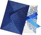 50Pcs Laser Cut Blue Wedding Invitation With Glitter Envelopes And Ribbons Blank Personalized Card Invitaciones Para quinceañera Birthday Baby Shower Christmas Party Bridal Shower