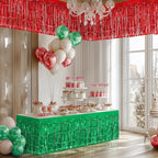 2 Pack Red Green Table Skirts, 29x108" Metallic Foil Tinsel Fringe Table Skirt for Rectangle Tables Streamer Curtains Backdrop, Party Decorations for Birthdays, Weddings, Holidays