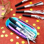 Skylety 24 Pcs Noise Makers Party Favors Silver Blowers Glitter Noise Makers for Sporting Events Fun Party Horns Metallic Fringed Blowers for Birthday Supplies